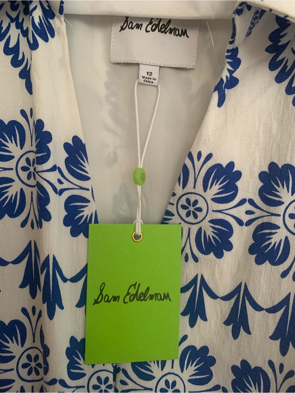 NWT Sam Edelman Dress: White, Blue Print, Button Close, V-Neck, Elastic Waist 12 - Picture 3 of 16